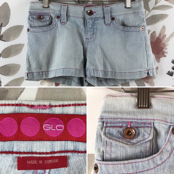 GLO Mini Stretch 5 Pocket Light Wash Blue Denim Jean Shorts 5 - Picture 2 of 15